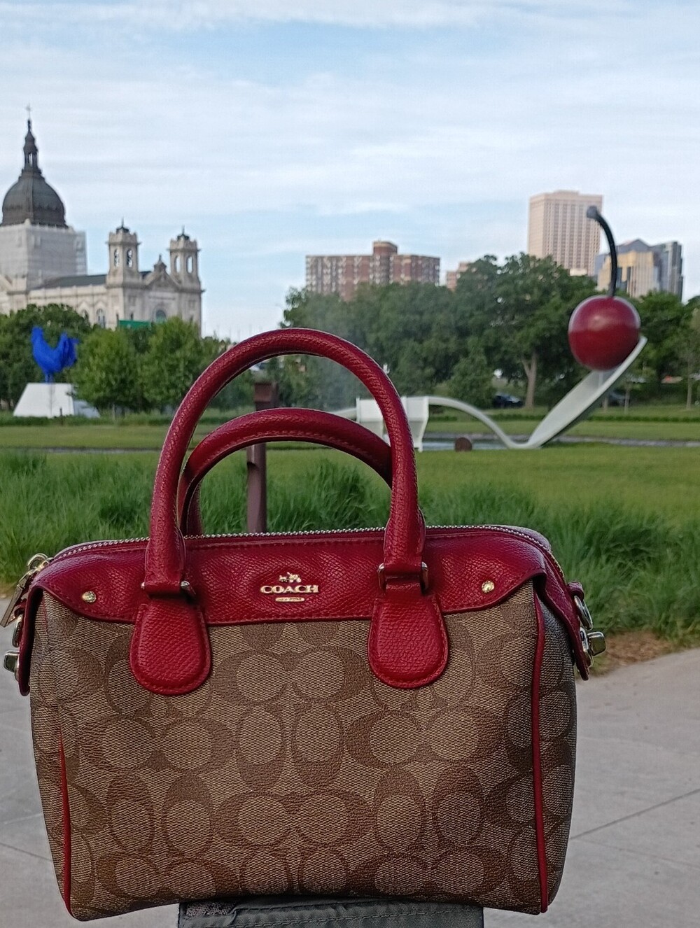 Coach Mini Bennet Brown Signature Satchel/Crossbody Red Leather Trim